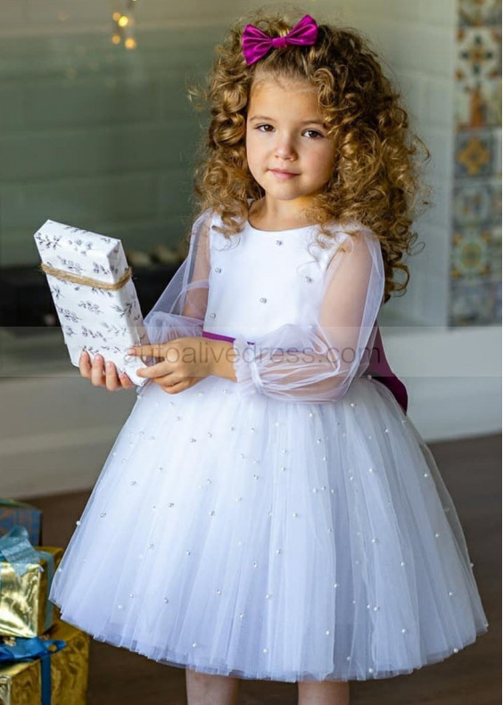 Long Sleeves White Pearls Tulle Flower Girl Dress Long Sleeves White Pearls Tulle Flower Girl Dress